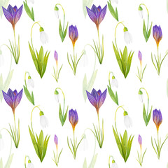 Watercolor seamless pattern background with snowdrops and crocuses