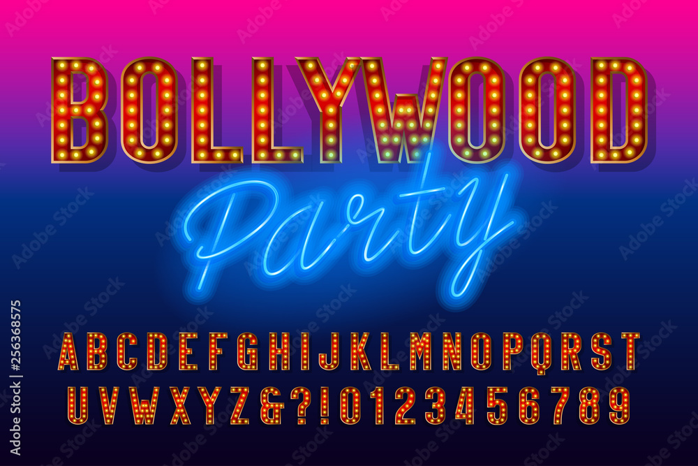 Fototapete bollywood party alphabet font. retro letters and numbers with light bulb. vector typescript for your