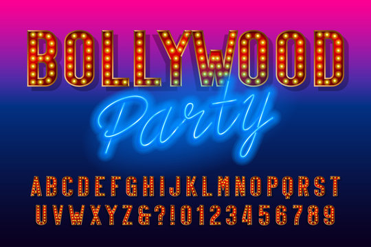 Bollywood party alphabet font. Retro letters and numbers with light bulb. Vector typescript for your design.