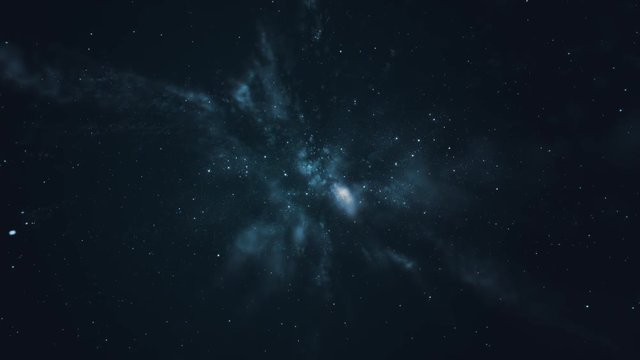 CGI generated space travel with star field and nebula blue clouds.