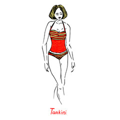 Portrait of sexy retro pin up girl in red tankini type of swimsuit with inscription, hand drawn outline doodle, sketch in pop art style, vector illustration