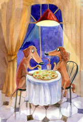 A date of two dachshunds in a cafe, watercolor illustration