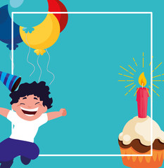 happy boy with birthday balloons helium and cupcake