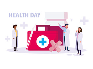 world health day card with doctors group and icons