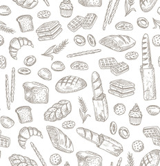 Bread and Bakes hand drawn seamless pattern