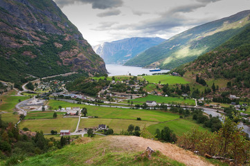 High angle view on Naeroyfjorden in Flam. Norway