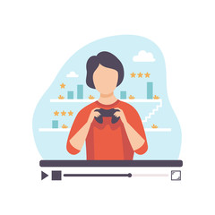 Male Professional Gamer Reviewing Computer Games, Young Man Blogger Creating Content about His Hobby and Posting It on Social Media, Online Channel Concept Vector Illustration