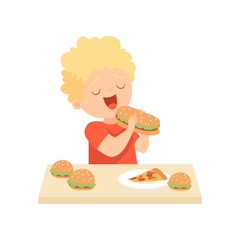 Cute Happy Boy Eating Burger, Kid Enjoying Eating of Fast Food Vector Illustration