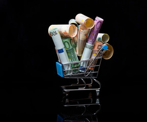 Euro money rolls and shopping cart full packs of bills