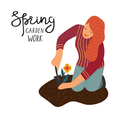 The women planted a seedling flowers in the ground isolated on a white. Vector illustration in cute flat style