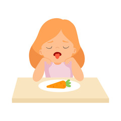 Cute Girl Does Not Want to Eat Carrot, Kid Does Not Like Vegetables Vector Illustration
