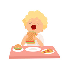 Cute Boy Eating Sandwich, Kid Enjoying Eating of Fast Food Vector Illustration