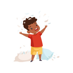 Little Boy Playing with Pillows, Feathers Flying Around Him, Cute Naughty Kid, Bad Child Behavior Vector Illustration