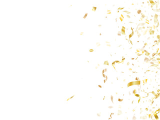 Holiday realistic gold confetti flying on black background.