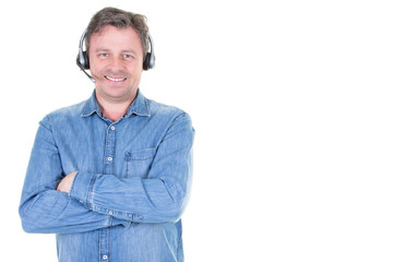 Portrait of consultant on the phone with headset with side copyspace in callcenter
