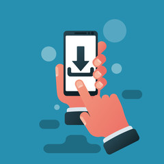 Download smartphone icon. File download on screen. Hand holds smartphone. Finger touching the screen. Vector illustration flat design. Isolated on white background.