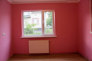 empty red room with a window,house sale in the village, empty room interior, move home, repair room