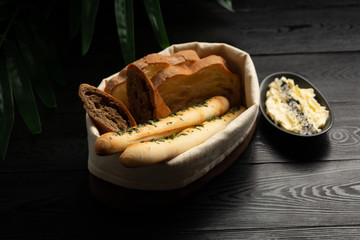 bread baskets on a wooden background