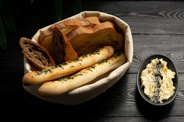 bread baskets on a wooden background