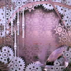 Abstract square background with steampunk elements with gears, clock hands, chains and various metal details. Decorative rust. Empty space under the text in the center. 3D illustration