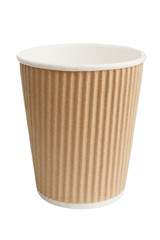 Empty ribbed cardboard takeaway coffee cup isolated on white background
