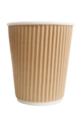 Closeup of cardboard takeaway coffee cup isolated on white background