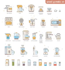 Outline icon collection small kitchen electronics appliances:espresso machine,coffee maker,food processor,multicooker,oven,kettle,blender, mixer,jucer,deep fryer,water filter,meat grinder,utensils