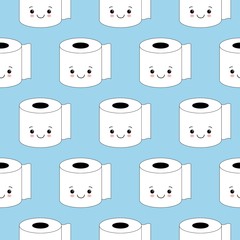 Vector illustration, toilet paper seamless pattern. Happy smiles, cartoon style, background. Kawaii style