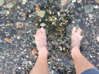 Male legs are in the water. Stony bottom in the sea or river. Clear clear water.