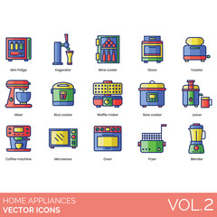 Home appliance icons including mini fridge, kegerator, wine cooler, stove, toaster, mixer, rice cooker, waffle maker, slow, juicer, coffee machine, microwave, oven, fryer, blender.