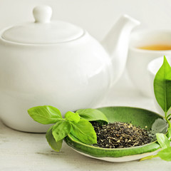 green tea and tea leaves