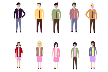 Young people, teenagers and students. Fashion man and woman in modern clothes. Different characters stay on white background.