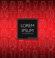Set of stylized silhouettes of women's and man's clothes, isolated on red background. For shopping package
