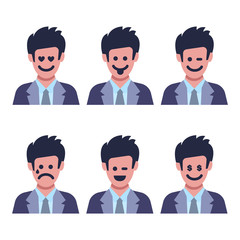 Set of six men with different facial emotions