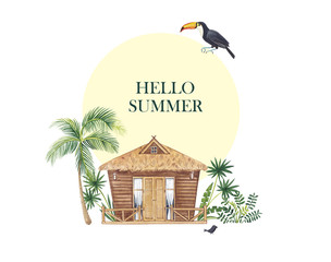  Round frame for text with bungalows, toucans, palm trees and exotic greenery. Summer watercolor illustration.