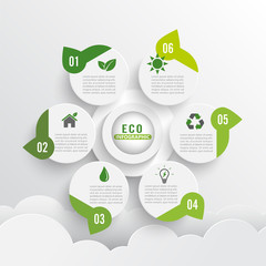 Modern green ecology design layout infographics 6 options. Template for brochure, business, web design.