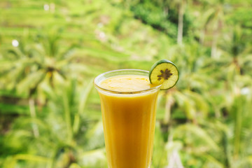 fresh mango juice on a background of rainforest