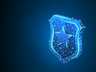 Security shield with star sign abstract neon 3d illustration. Polygonal Vector business concept of protection. Low poly wireframe, geometry triangle, lines, dots, polygons on blue background