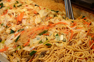 Fried noodles and fried rice-flour noodles sold on Taiwan traditional market.
