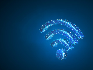Wireless wi-fi symbol abstract neon 3d illustration. Polygonal Raster business concept of connection, internet, router. Low poly wireframe, geometry triangle, lines, dots, polygons on blue background