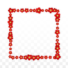 Vector Realistic Red Flowers Falling on Transparent Background.  Spring Romantic Flowers Illustration. Flying Asian Rose Spa Design. Blossom Confetti. Design Elements for Wedding Decoration.