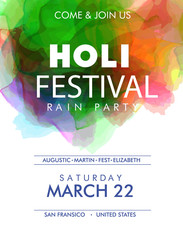 Happy Holi colorful posters with realistic powder paint clouds and calligraphic text.