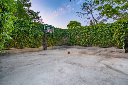 Basketball court and hoop in suburban park with lots of trees.