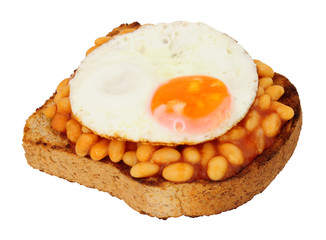 Fried egg and baked beans with tomato sauce on toast isolated on a white background