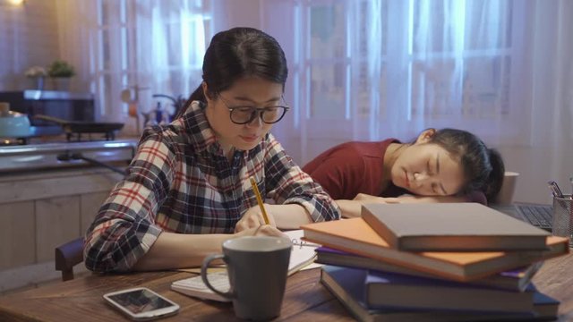 Wake up please. smart beautiful woman asks partner to help her finish final exam report being displeased with work shaking head in bewilderment. Fatigue young college student sleeps in night kitchen.