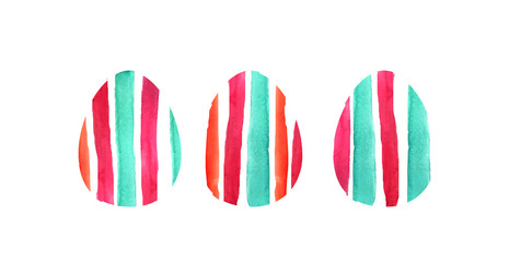 watercolor set of three eggs. textured striped eggs of pink, turquoise and orange flowers on a white background for design, decorations