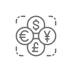 Currency exchange, foreign money, coin of dollar, euro, yen, pound line icon.