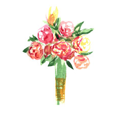 watercolor wedding bouquet of peonies and leaves on a white background