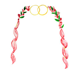 watercolor wedding arch with rings, decorated with castings, flowers and fabric on a white background