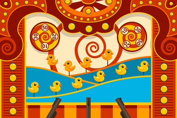 Carnival shooting arcade game with duck and gun. Vector cartoon illustration.